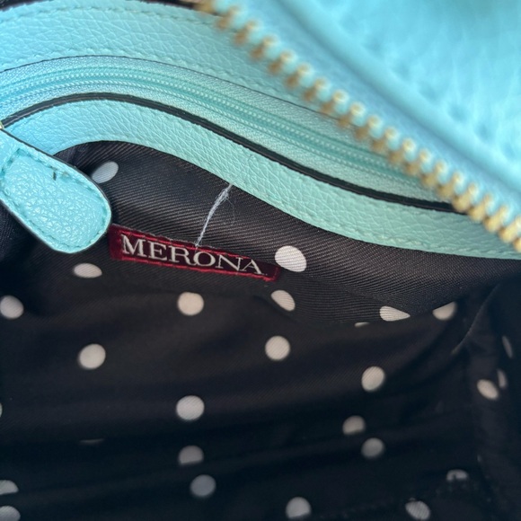 Small Light Blue Merona Crossbody Hand Bag Polka Dot Interior With Pockets - Picture 8 of 10